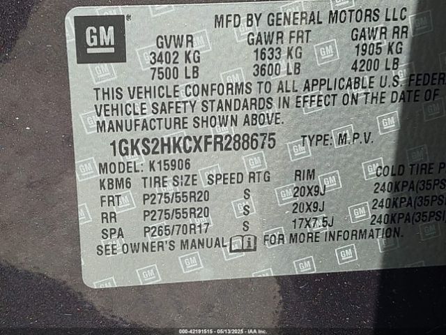 1GKS2HKCXFR288675 GMC Yukon Xl 1500 Slt