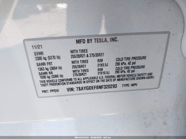 7SAYGDEF8NF320293 Tesla 2022