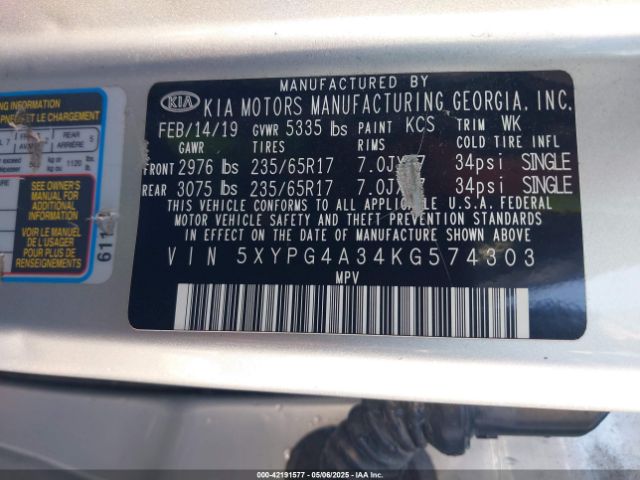 5XYPG4A34KG574303 KIA Sorento 2.4l Lx