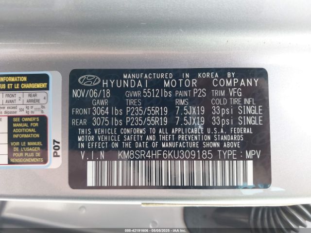KM8SR4HF6KU309185 Hyundai Santa Fe Xl Limited Ultimate