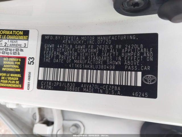 4T1K61AK8LU380498 Toyota CAMRY XSE