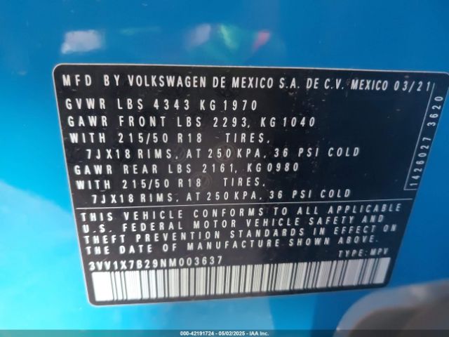 3VV1X7B29NM003637 Volkswagen tsi