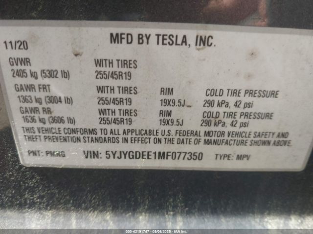 2021 TESLA MODEL Y 5YJYGDEE1MF077350 Photo 8