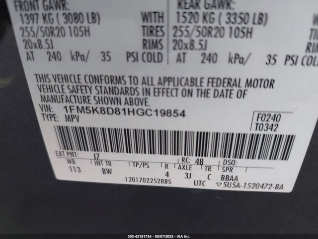 1FM5K8D81HGC19854 Ford 3.5l ti-vct