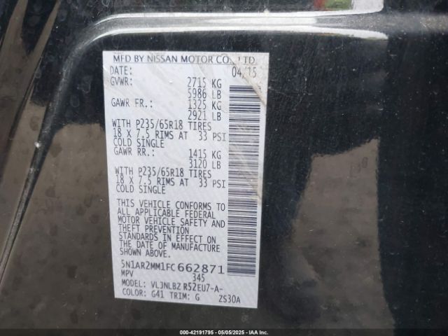5N1AR2MM1FC662871 Nissan Pathfinder Platinum/s/sl/sv