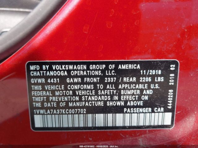 2019 VOLKSWAGEN PASSAT 1VWLA7A37KC007702 Photo 8