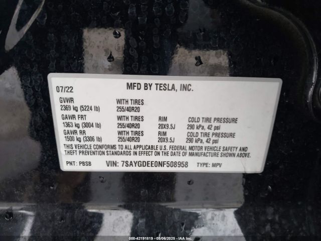 7SAYGDEE0NF508958 Tesla Model Y Long Range Dual Motor All-wheel Drive