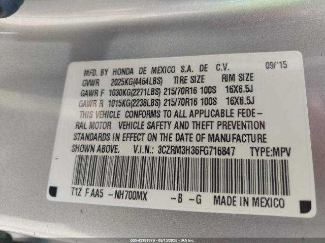 3CZRM3H36FG716847 Honda k24w9/k24v1