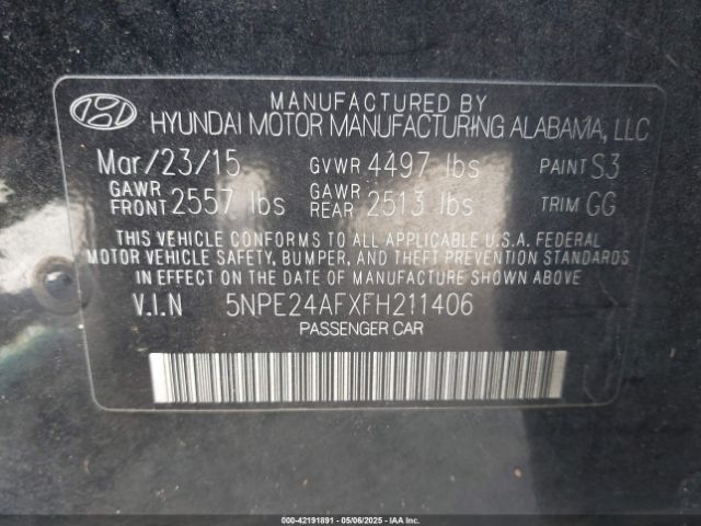 5NPE24AFXFH211406 Hyundai SONATA SE