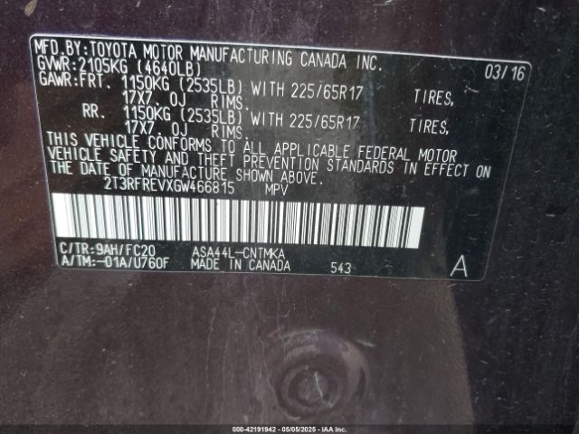 2T3RFREVXGW466815 Toyota Rav4 Xle