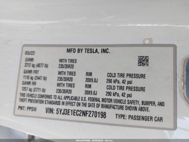 5YJ3E1EC2NF270198 Tesla Model 3 Performance Dual Motor All-wheel Drive