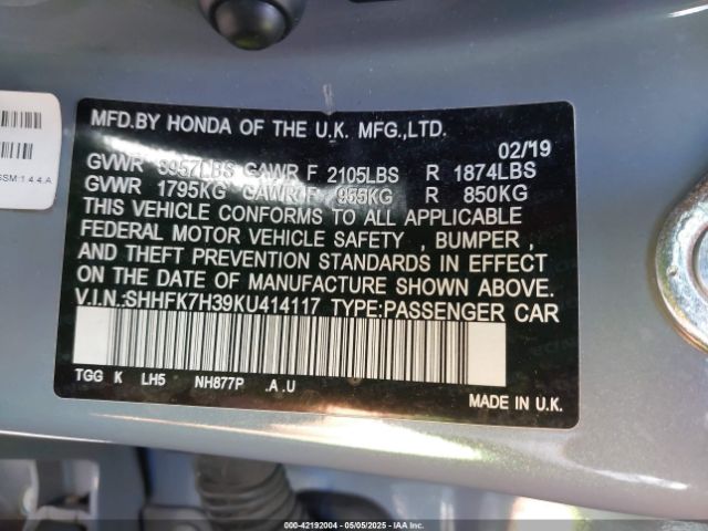 SHHFK7H39KU414117 Honda Civic Lx