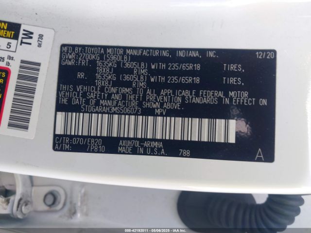 5TDGARAH3MS506073 Toyota Highlander Hybrid Xle