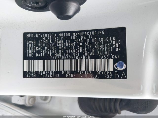 5YFBPRHE2HP648059 Toyota Corolla Le Eco