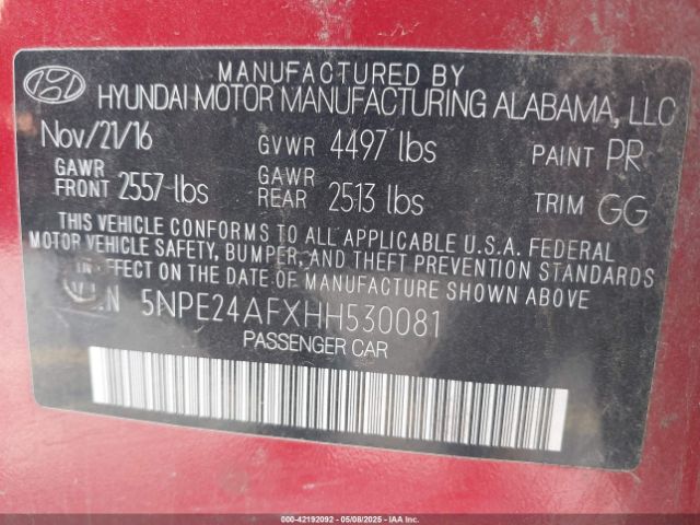 5NPE24AFXHH530081 Hyundai Sonata