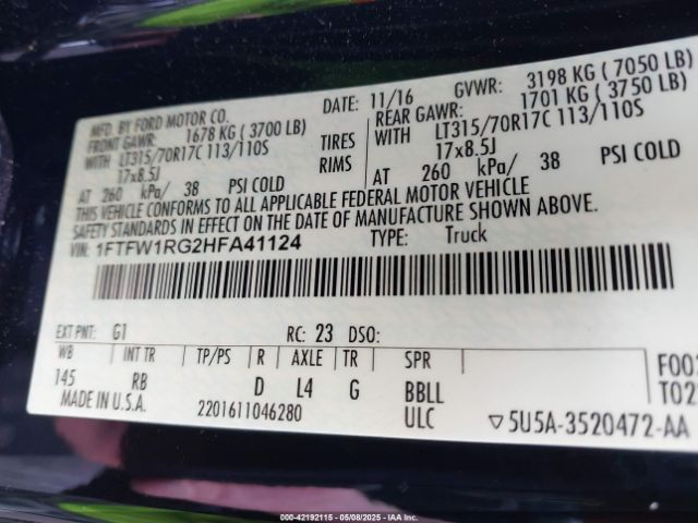 1FTFW1RG2HFA41124 Ford F-150 Raptor