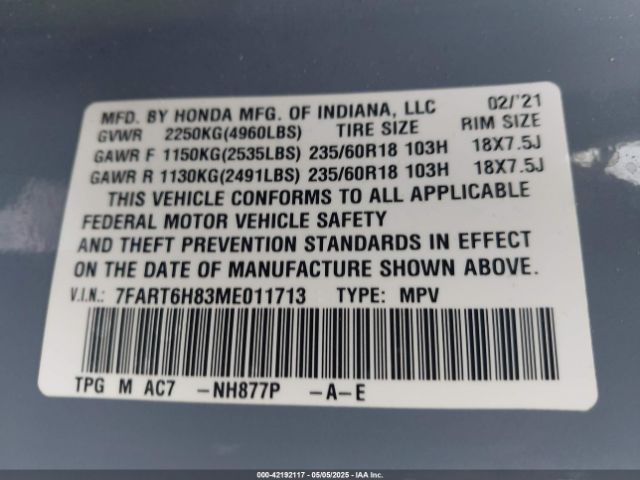 7FART6H83ME011713 Honda Cr-v Hybrid Ex-l