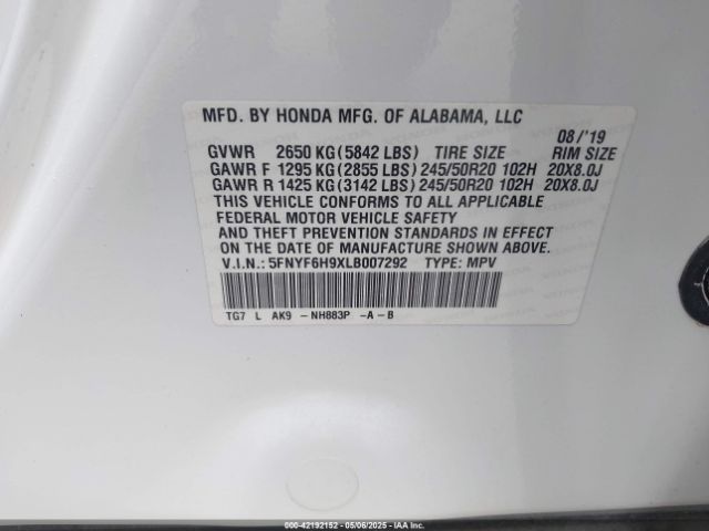5FNYF6H9XLB007292 Honda Pilot Awd Touring 8 Passenger