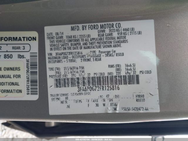 3FA6P0G72FR125816 Ford FUSION S
