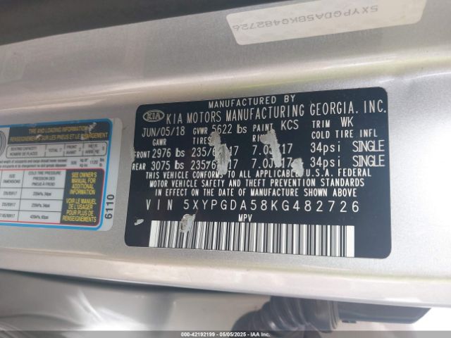 5XYPGDA58KG482726 KIA Sorento 3.3l Lx