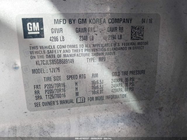 KL7CJLSB5GB689149 Chevrolet Trax Lt