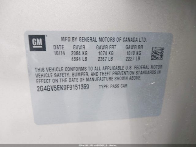 2G4GV5EK9F9151369 Buick Regal 1fl