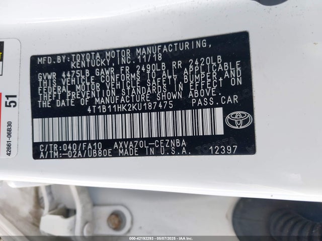 4T1B11HK2KU187475 Toyota CAMRY LE