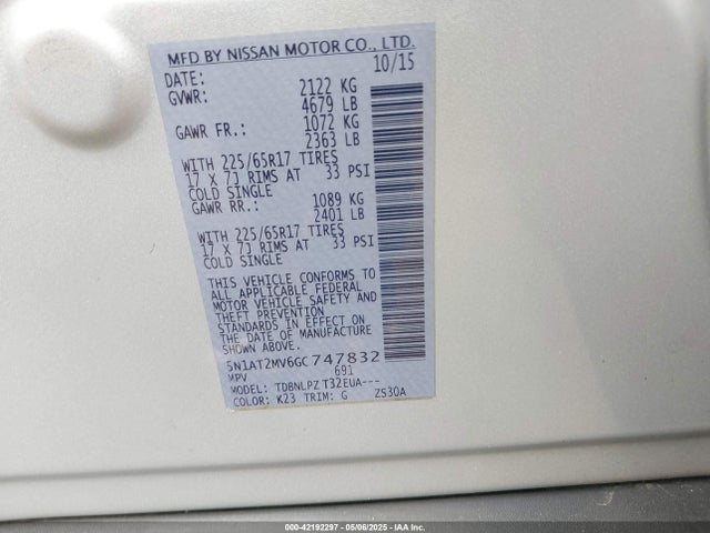 5N1AT2MV6GC747832 Nissan Rogue S/sl/sv