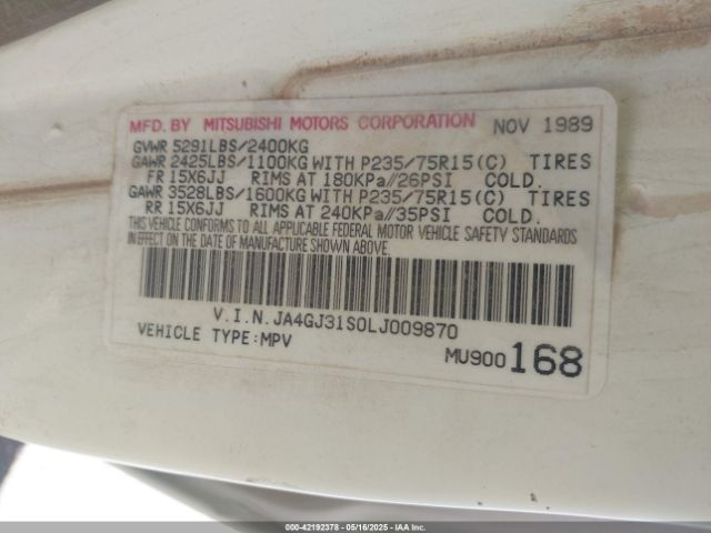 1990 MITSUBISHI MONTERO JA4GJ31S0LJ009870 Photo 8