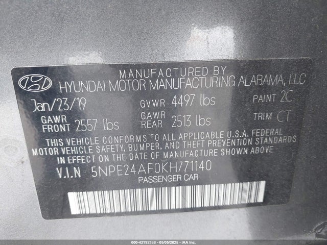 5NPE24AF0KH771140 Hyundai SONATA SE