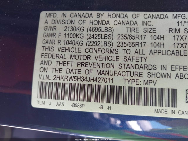 2HKRW5H34JH427011 Honda CR-V LX