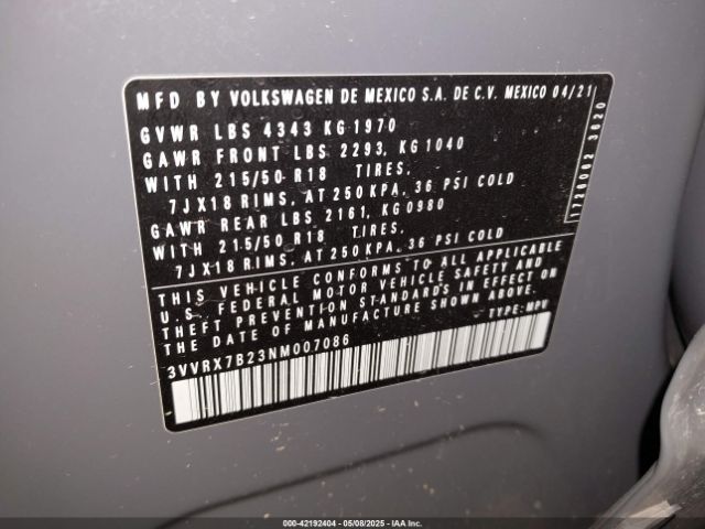 3VVRX7B23NM007086 Volkswagen tsi
