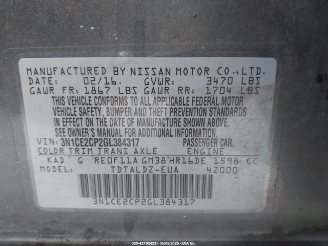 3N1CE2CP2GL384317 Nissan Versa Note S (sr)/s Plus/sl/sr/sv