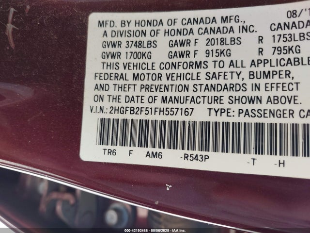 42192466 :رقم المزاد ، 2HGFB2F51FH557167 vin ، 2015 Honda Civic Lx مزاد بيع