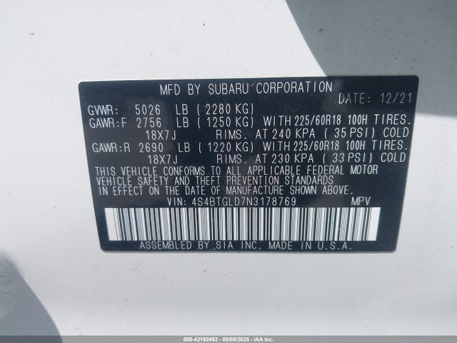 4S4BTGLD7N3178769 Subaru Outback Onyx Edition Xt