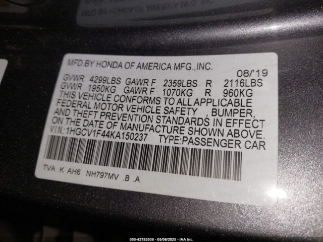 2019 HONDA ACCORD 1HGCV1F44KA150237 Photo 8