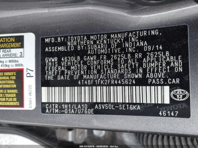 4T4BF1FK2FR445624 Toyota CAMRY XLE