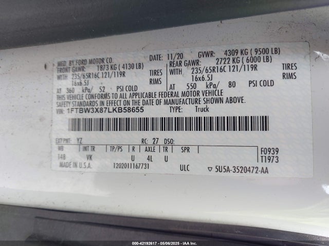 1FTBW3X87LKB58655 Ford 3.5l v6 cyclone