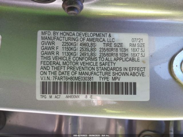 7FART6H80ME030381 Honda Cr-v Hybrid Ex-l