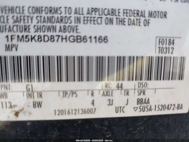 1FM5K8D87HGB61166 Ford EXPLORER XLT