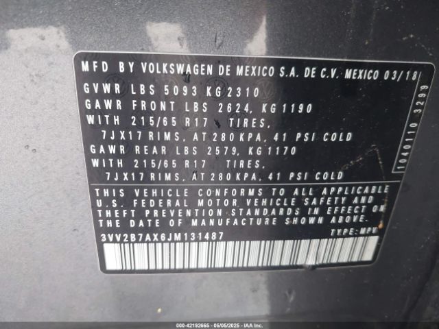 3VV2B7AX6JM131487 Volkswagen Tiguan 2.0t Se/2.0t Sel