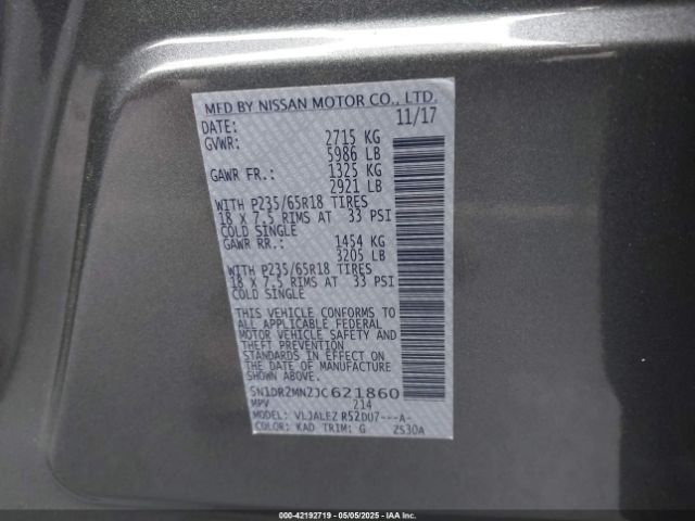 5N1DR2MN2JC621860 Nissan Pathfinder Sv