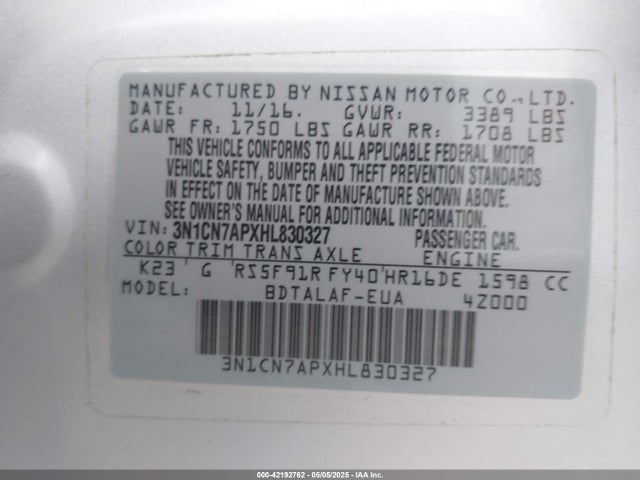 3N1CN7APXHL830327 Nissan Versa 1.6 S