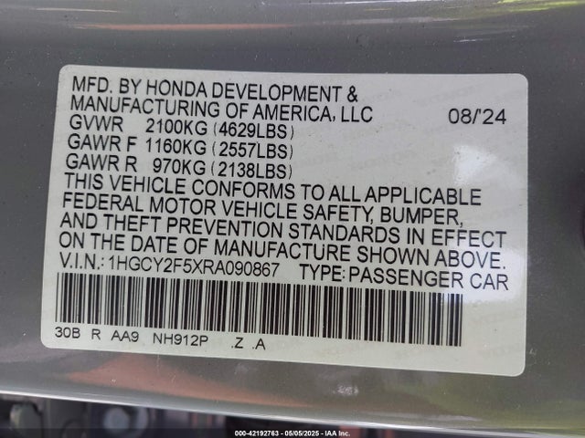 Honda lfc5 2024 1HGCY2F5XRA090867 Image 9