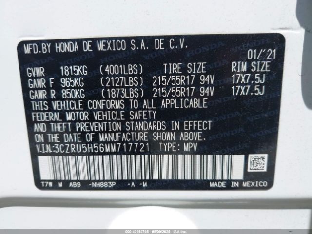 3CZRU5H56MM717721 Honda Hr-v 2wd Ex