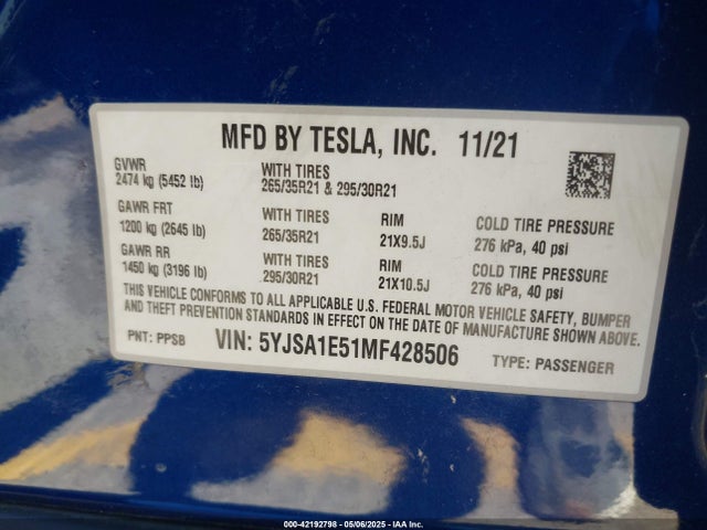 2021 TESLA MODEL S 5YJSA1E51MF428506 Photo 8