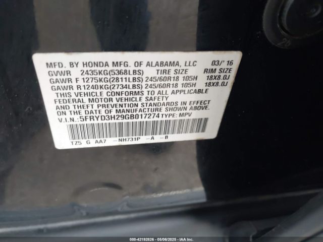5FRYD3H29GB017274 Acura Mdx Acurawatch Plus Package
