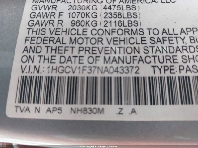 1HGCV1F37NA043372 Honda Accord Sport