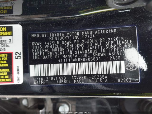 4T1T11AK6RU905831 Toyota CAMRY SE