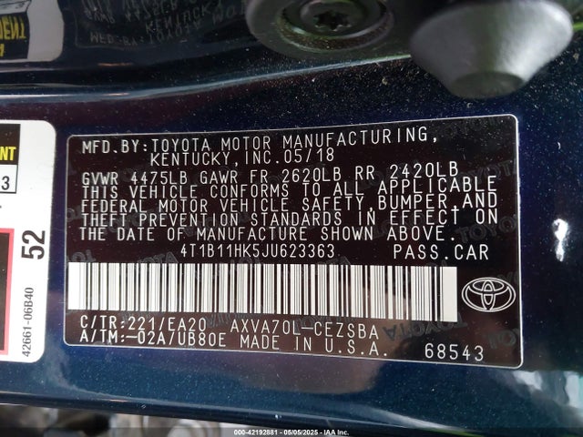 4T1B11HK5JU623363 Toyota CAMRY SE